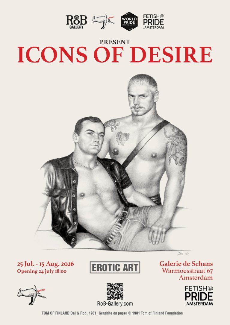 Icons of Desire Exhibition – RoB Gallery and Tom of Finland Foundation Icons of Desire exhibition poster at RoB Gallery Amsterdam in collaboration with the Tom of Finland Foundation